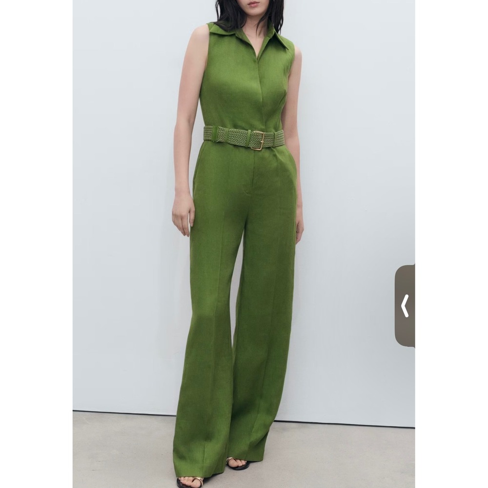 Mango MNG Green 100% Linen Sleeveless Belted Wrap Jumpsuit‎ Womens Size Medium